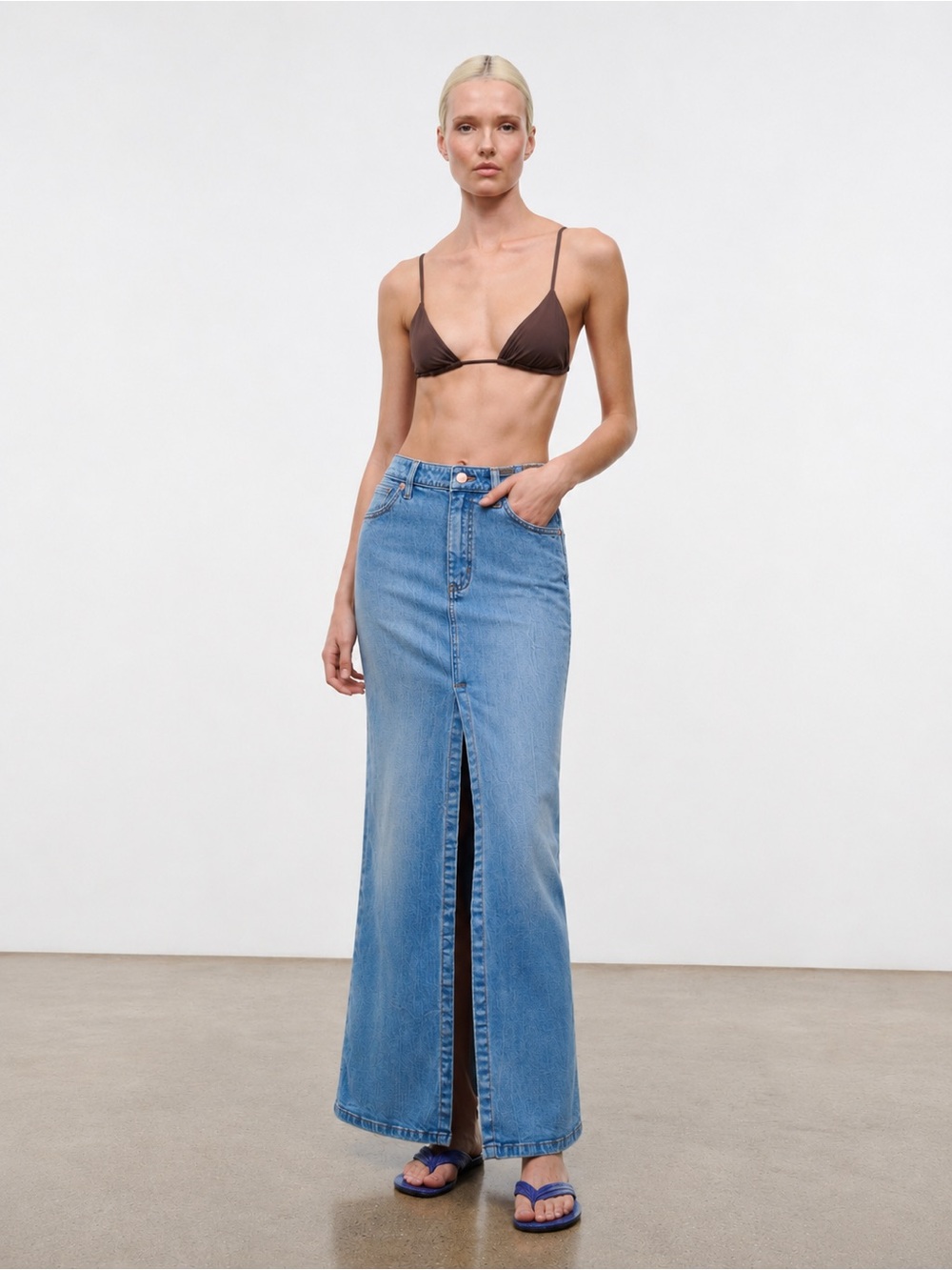 STAUD x Wrangler | Light Blue Denim Maxi Skirt with Front Slit Western Cowboy 27